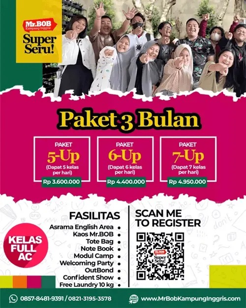 Paket 3 Bulan di Mr.BOB Kampung Inggris, Pare - Mr.BOB Kampung Inggris Paket Kursus 3 Bulan - Mr. BOB Kampung Inggris